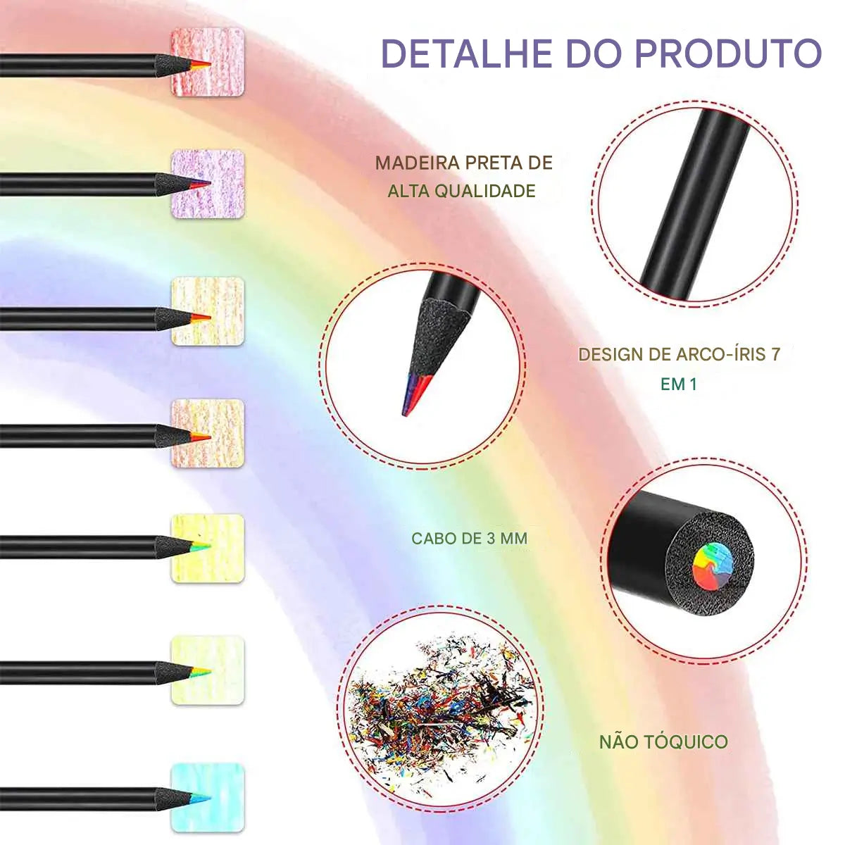 Kit 10 Lápis Arco-Íris de Madeira: 7 cores em 1 Para Colorir e Esboçar